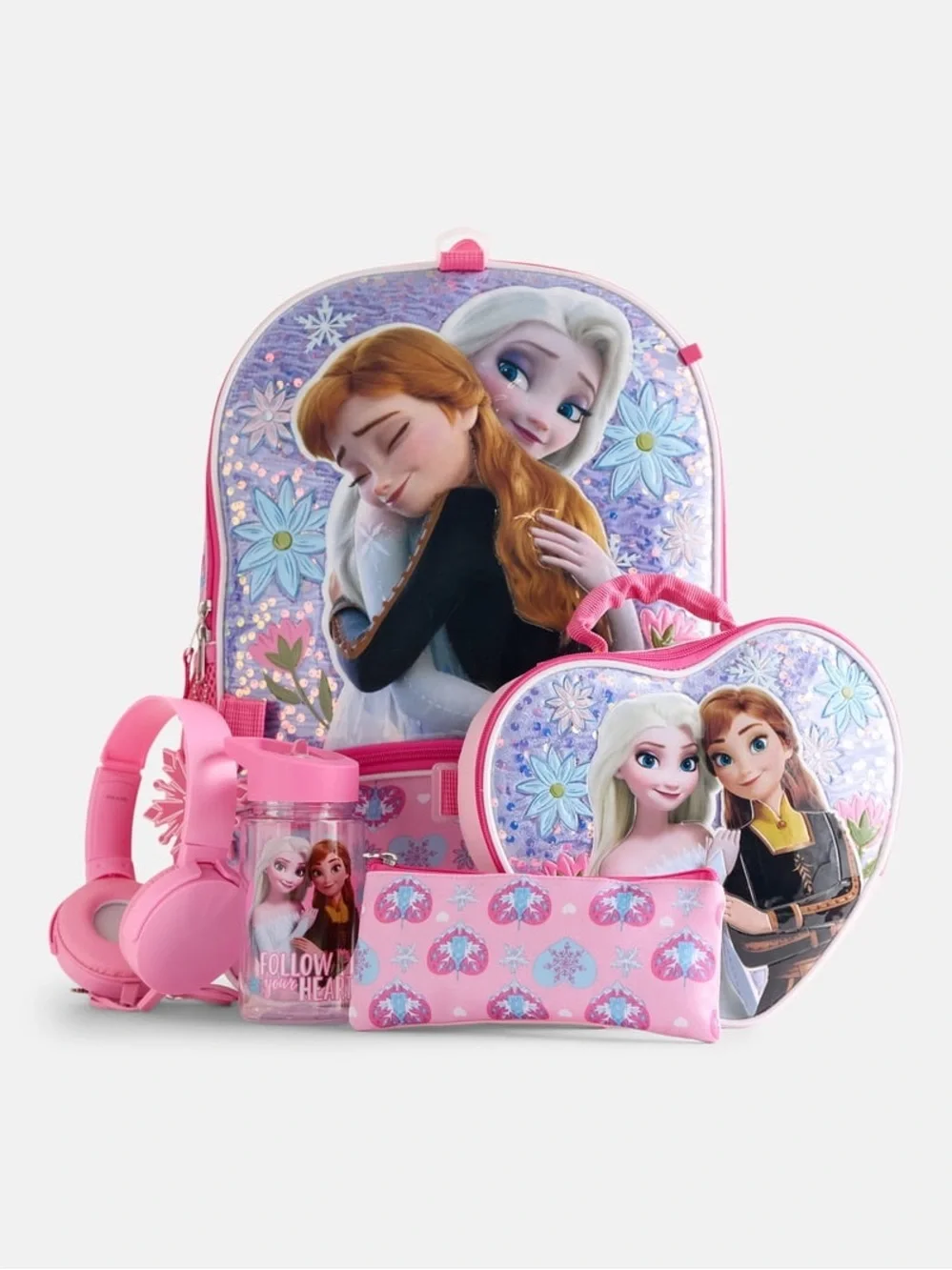 Disney Frozen Kids Pink 6pc Backpack Set with Lunch Bag, Headphones & Bottle W5